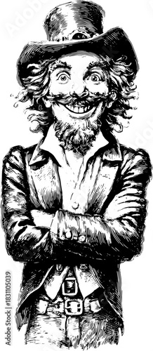 Man in a hat smiling. Vintage black and white vector illustration featuring a cheerful character in dapper attire as a whimsical design set.