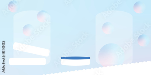 3D realistic white cylinder pedestal podium background with round circles overlap in blue hologram. abstract stand product display presentation. Stage for showcase. Vector platform design.