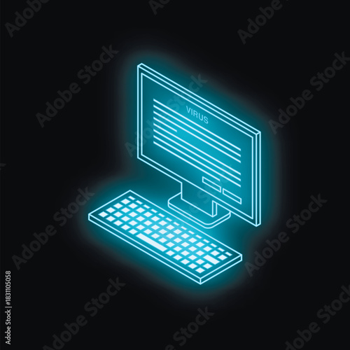 Isometric glowing computer keyboard and monitor displaying virus alert message on dark background, concept of cybersecurity threat and malware infection
