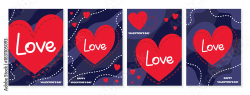 Happy Valentine’s Day greeting card in abstract style. Set of backgrounds with cartoon design heart. Vector illustration