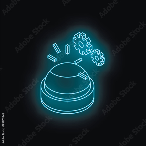 Neon button with rotating gears symbolizing activation, start, beginning, or initiation of a process