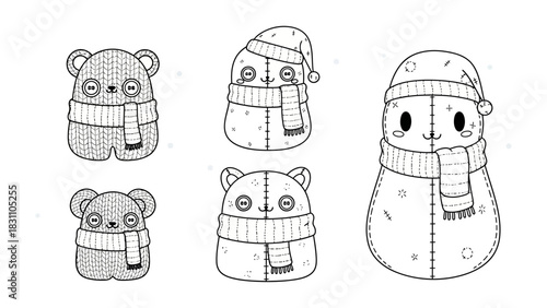 Whimsical Winter Wonders: Charming outlines of cuddly creatures donned in cozy winter attire. Featuring a cute bear with scarf, a snowman wearing hat and scarf.