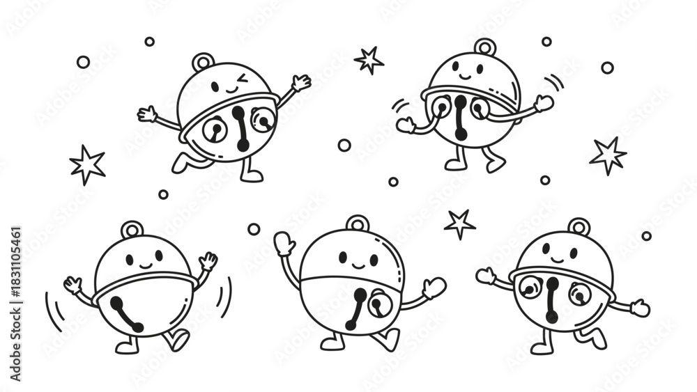 Fototapeta premium Dancing Holiday Bells: A playful illustration of animated bells, each adorned with a joyful expression, dancing and frolicking among scattered stars, representing the merriment of the holiday season.