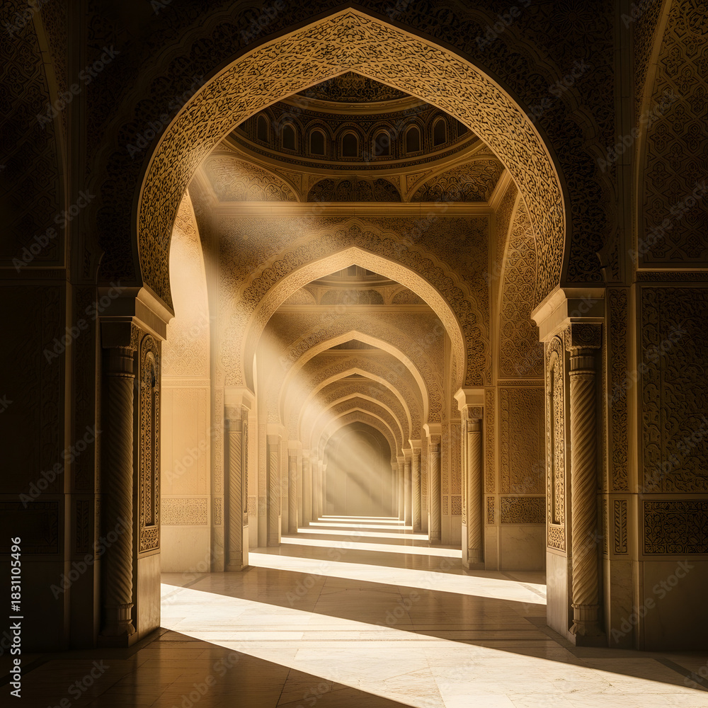 Fototapeta premium Ethereal Sunlit Corridor: Islamic Architecture and Arches