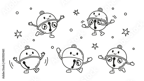 Dancing Holiday Bells: A playful illustration of animated bells, each adorned with a joyful expression, dancing and frolicking among scattered stars, representing the merriment of the holiday season.