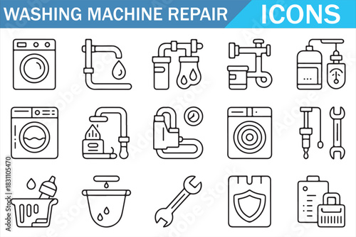 Laundry Appliance Repair Icons Collection with Tools and Parts