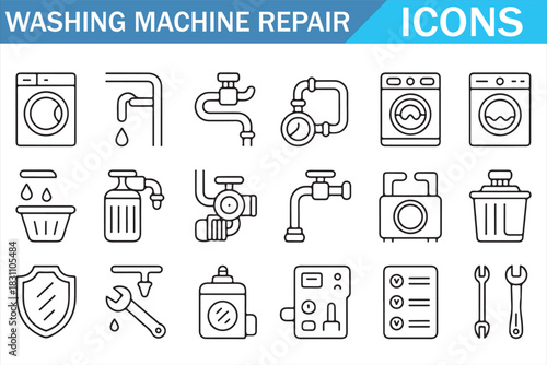 Washing Machine Repair Service Icons Set with Tools, Parts and Maintenance Symbols in Line Style