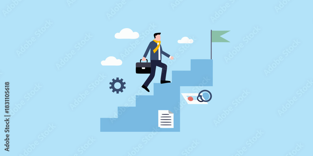 Fototapeta premium Businessman climbing stairs towards flag representing success and goals