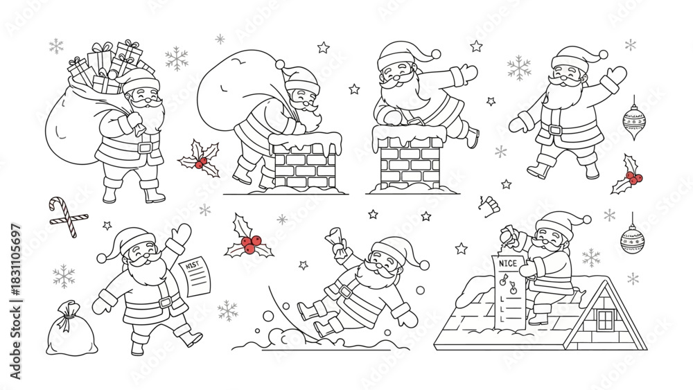 Fototapeta premium Santa's Festive Antics: A delightful collection of illustrations captures the jolly spirit of Santa Claus as he navigates the season with his iconic bag, chimney adventures, and joyous celebrations.