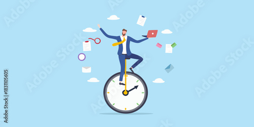 Businessman balancing on a clock unicycle with laptop and papers