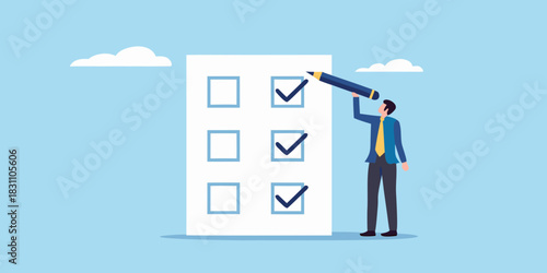 Businessman completing a checklist with a pencil and checkmarks