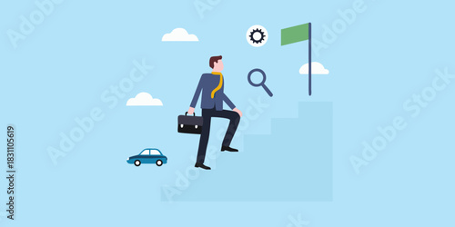 Businessman climbing stairs towards a goal with career symbols