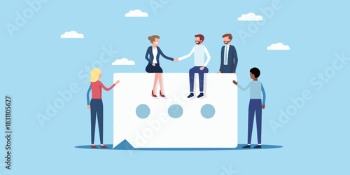 Diverse business people collaborating and shaking hands on a giant chat bubble