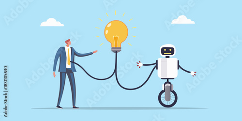 Businessman and robot connected to a bright idea lightbulb
