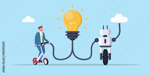 Businessman on scooter connects to robot and light bulb idea