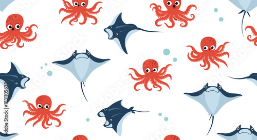 Seamless pattern of cute cartoon octopuses and manta rays with bubbles on white background.