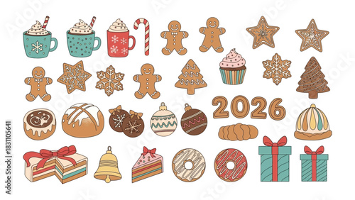Holiday Treats Assortment: A festive assortment of holiday treats, including gingerbread cookies, adorned desserts, colorful gift boxes, and festive beverages.