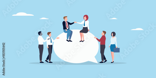 Business people collaborating and shaking hands on a large speech bubble