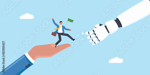 Businessman leaping from human hand to robot hand holding a flag