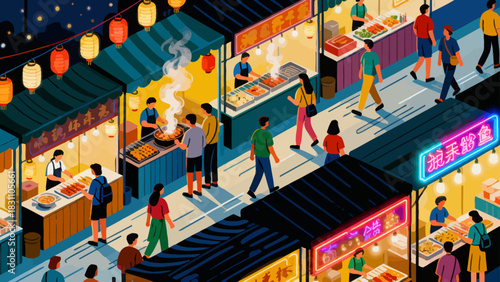 This illustration depicts a lively evening night market: colorful stalls line a crowded alley, lit by glowing lanterns and neon signs, with people shopping and interacting in a festive atmosphere.