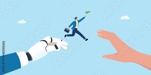 Businessman jumping towards success aided by robot and human hands