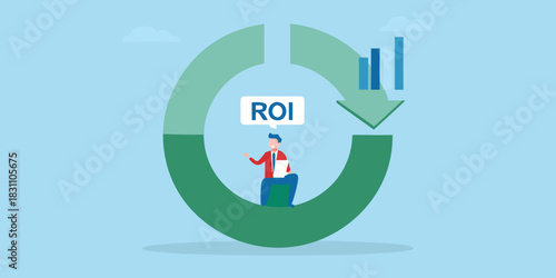 Business man sitting in a circular graph with roi text and downward trend