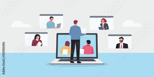 Man leading a virtual meeting with colleagues on screens
