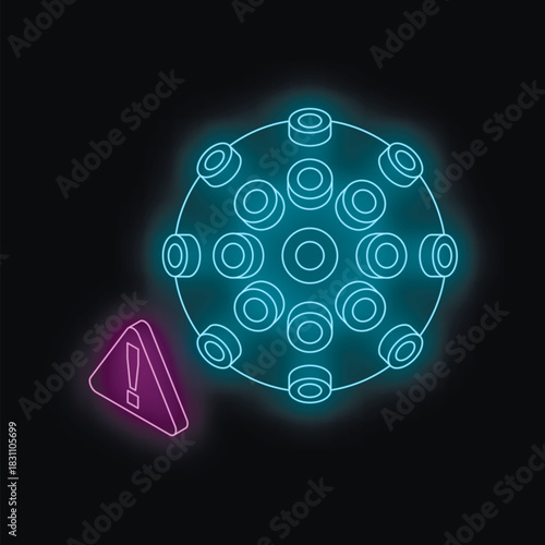 Neon virus cell with warning sign representing global pandemic and caution against infection