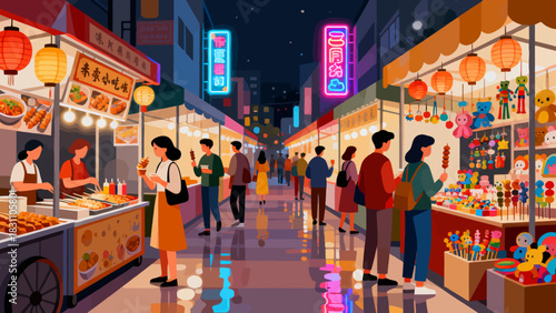 This illustration depicts a lively evening night market: colorful stalls line a crowded alley, lit by glowing lanterns and neon signs, with people shopping and interacting in a festive atmosphere.