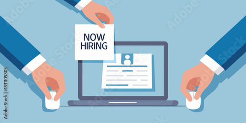 Hands holding a now hiring sign over a laptop displaying a resume