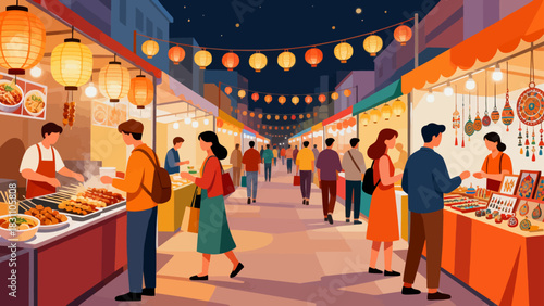 This illustration depicts a lively evening night market: colorful stalls line a crowded alley, lit by glowing lanterns and neon signs, with people shopping and interacting in a festive atmosphere.