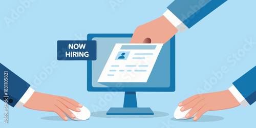 Team reviewing resumes on computer screen with now hiring sign