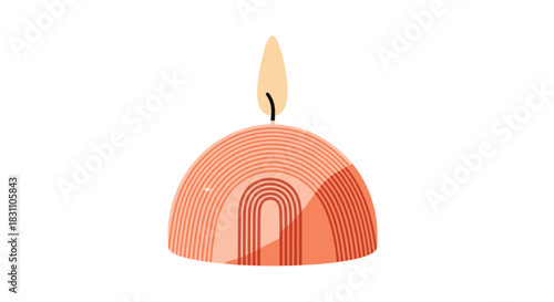 A contemporary illustration of a lit, dome-shaped candle featuring abstract rainbow patterns in warm orange tones.