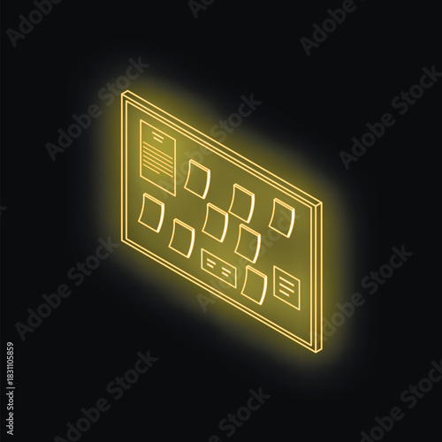 Neon yellow task board with sticky notes and documents representing project management, planning, and organization