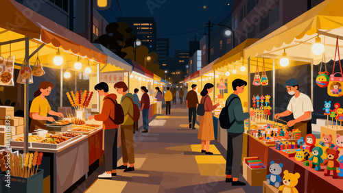 This illustration depicts a lively evening night market: colorful stalls line a crowded alley, lit by glowing lanterns and neon signs, with people shopping and interacting in a festive atmosphere.