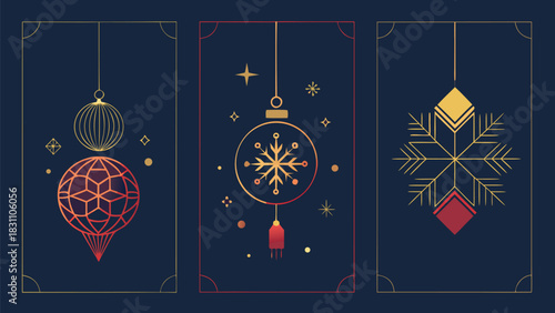 Three festive Christmas banners adorned with elegant golden decorations, creating a cheerful holiday atmosphere..eps