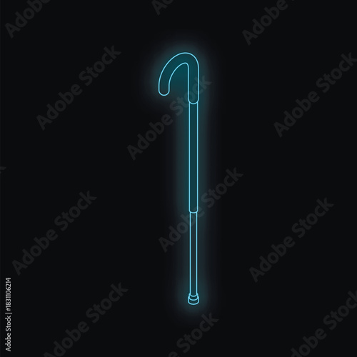 Neon blue walking cane glowing on dark background, representing support and assistance for individuals with mobility challenges
