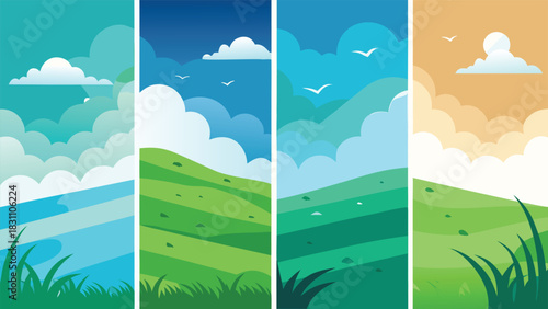 Four banners featuring scenic mountain landscapes with trees, showcasing diverse natural beauty..eps