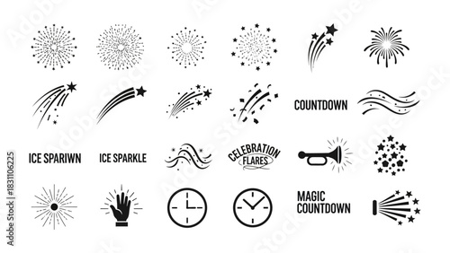 Countdown Celebration: A vibrant collection of celebratory vector illustrations, including fireworks, shooting stars, a countdown timer, and festive flares.
