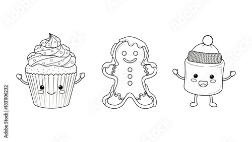 Sweet Treats Illustration: Whimsical illustrations of a cupcake, a gingerbread man, and a marshmallow, ready to bring smiles and sweetness