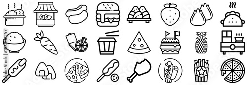 Diverse Collection of Food Icons in Black and White Outline Style