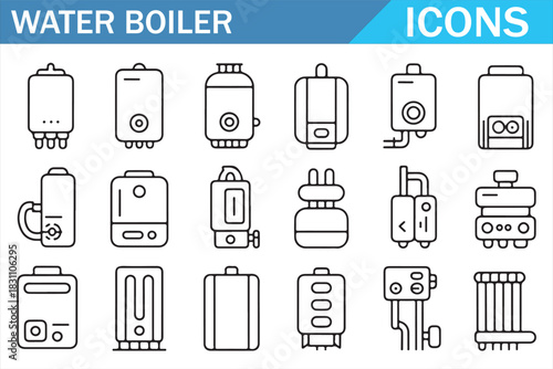 Industrial and Home Water Heater Outline Icons for Technical Design