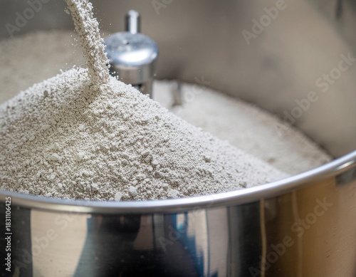 Milling Grains into Flour: A close-up view capturing the intricate process of freshly milled flour cascading into a stainless steel container.