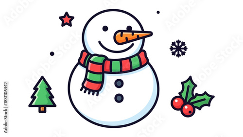 Animated Snowman: A jovial snowman, adorned with a colorful scarf and carrot nose, is surrounded by festive holiday elements, embodies the spirit of winter and the joy of the holiday season.