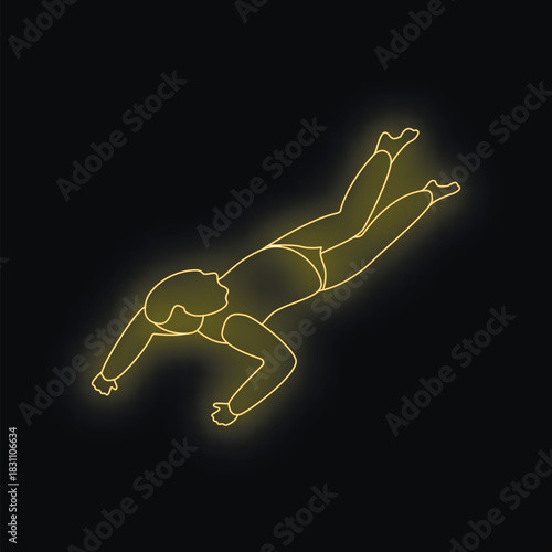 Neon yellow glowing silhouette of a man floating in zero gravity against a black background