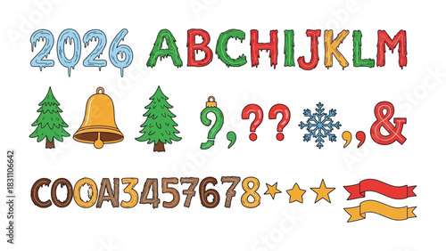 Festive Font Elements for Celebration: A collection of vibrant letters, numbers, and symbols, perfect for adding a touch of holiday cheer and crafting captivating designs.