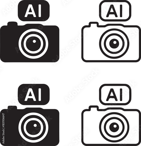 Isolated AI Powered Camera Icon, AI camera smart icon, intelligent surveillance lens, black minimal line camera design, smart monitoring tool for homes, editable vector for security systems use