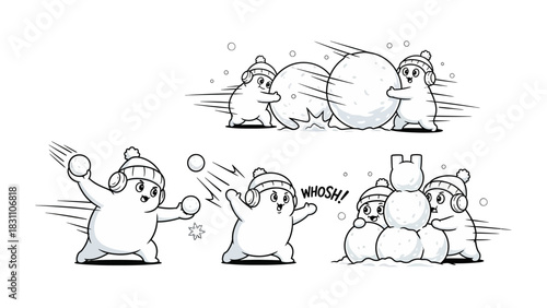 Snowman's Play: A series of playful illustration depicts the delightful game of snowman creation, showcasing the essence of winter fun and childhood joy.