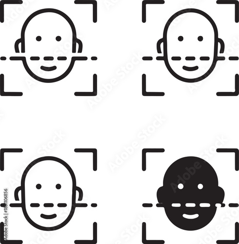 Isolated Face Unlock System Icon, face unlock biometric icon, face scan recognition, black minimal line face security design, unlock system for devices, editable vector for secure access use