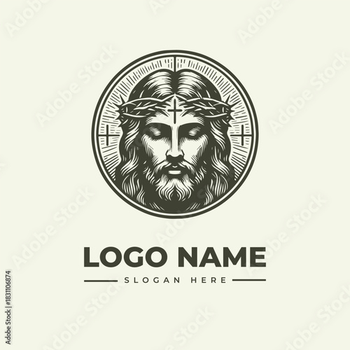 Detailed Divine Portrait Engraving Vector Logo Illustration of a Holy Figure with Crown of Thorns